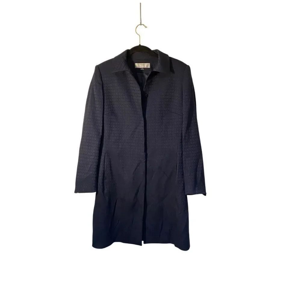 Tahari women’s blue geometric, blue print, long sleeve, Trenchcoat, S/4